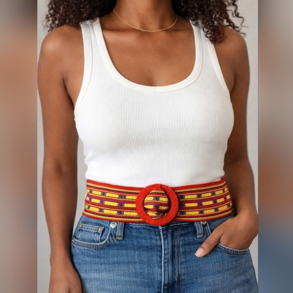 Accessories - Vintage Rainbow Blue Yellow Red Woven Belt Hand Crafted 34 1/2" Long